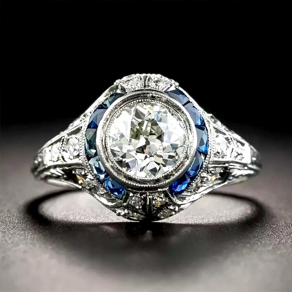 New Sterling Silver & Sapphire Art Deco Ring